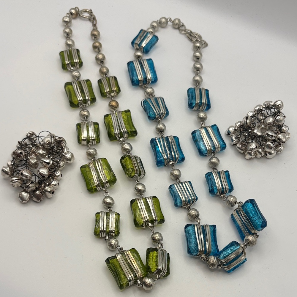 Elegant Silver and Blue-Green Beaded Necklace Set and 2 jingle bracelets